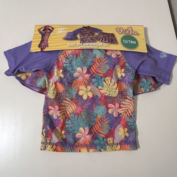UV Skinz Kids 3 Pc Swimwear Set Hat Rashguard Top and Swim Skirt 12-18 M NWT - Picture 5 of 11
